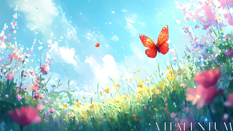 Bright orange butterfly drifting over a dreamlike spring meadow.