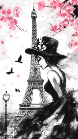 Spring whispers in Paris with a dreamy girl in black ink.