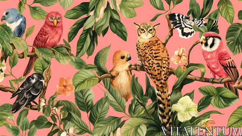 Vibrant Exotic Birds and Lush Leaves on Pink Botanical Background.