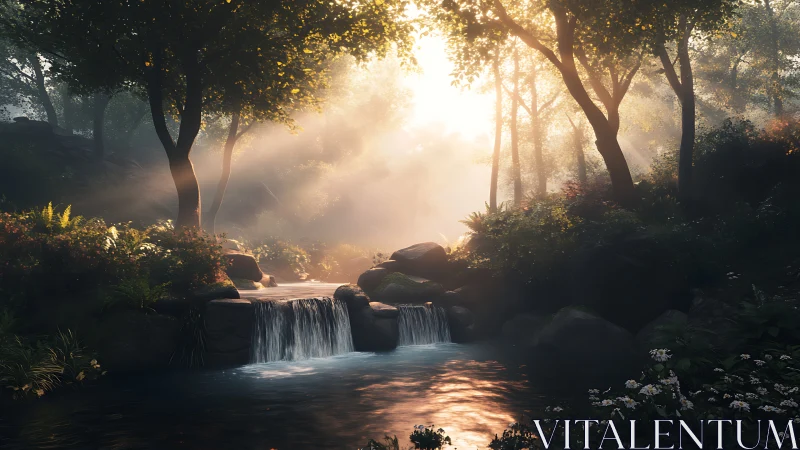 Sunlit forest stream flows over rocks beneath bright trees