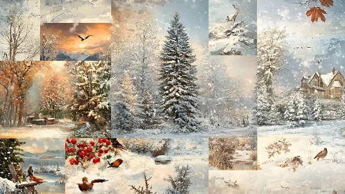Snowy winter collage with cozy woods, birds, and cottages.