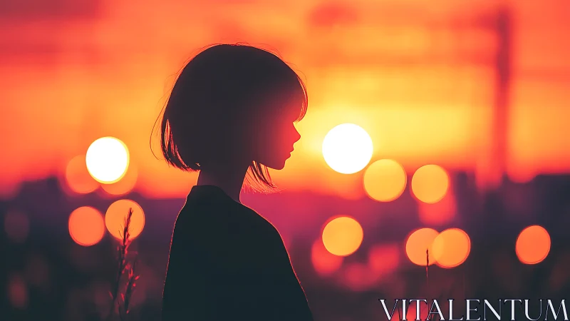 Silhouette of short haired child against vivid sunset sky.