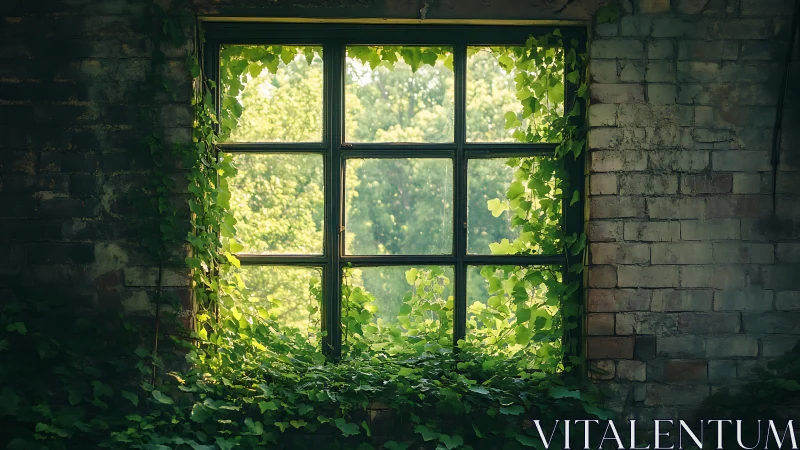 Sunlit ivy window where nature gently reclaims the wall.