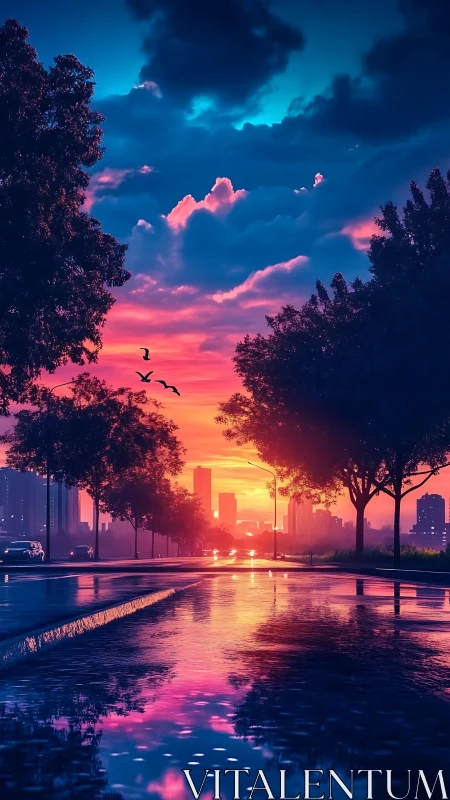 Neon dusk city street reflects vibrant sunset sky glow.