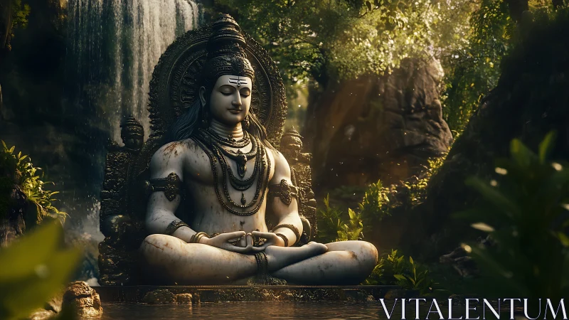 Serene stone Shiva statue in lush waterfall forest setting.