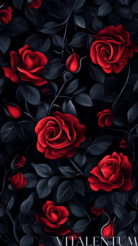 Crimson Roses with Dark Foliage: Digital Still Life Composition