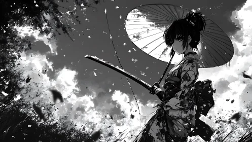 Stormlit samurai maiden beneath a windtorn paper parasol.