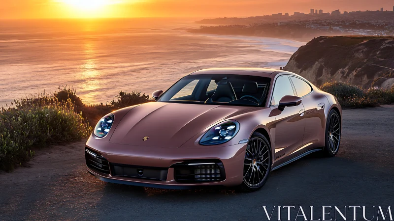 Metallic sports sedan parked by coastal sunset overlook.