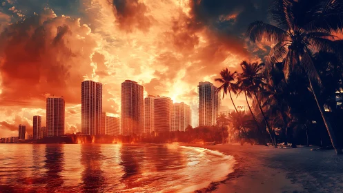 Sunlit city towers glow warmly above a tranquil tropical shore