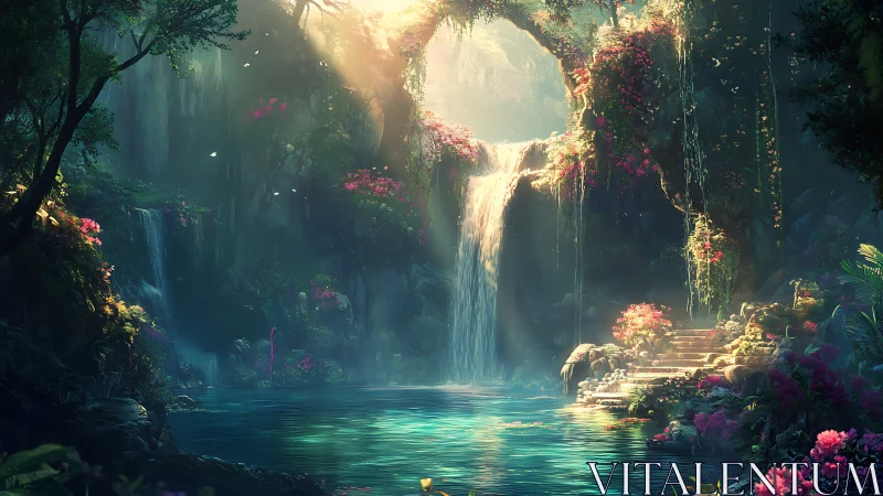 Digital landscape depicts waterfall, pond and stone stairway