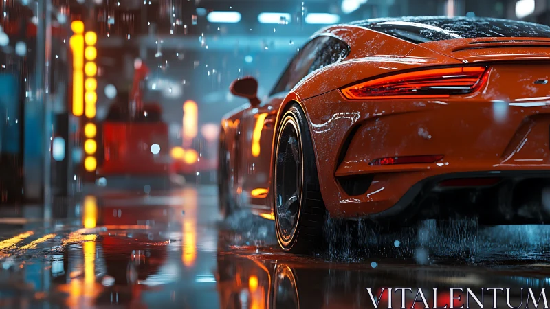 Orange sports coupé in cinematic rain-soaked urban light.