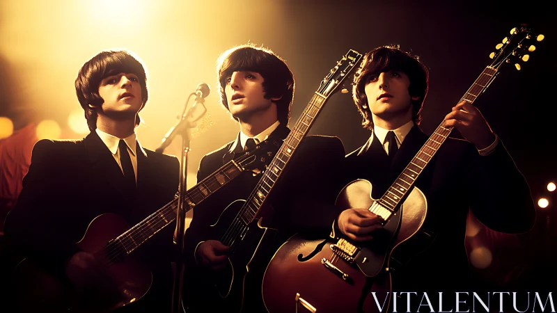 Vintage rock trio under golden stage spotlight glow.