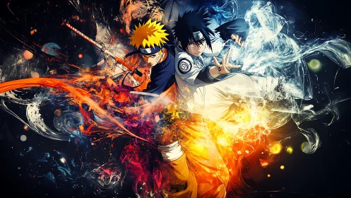 Dynamic shinobi duel with elemental fire and water effects.