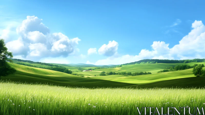 Sunlit rolling meadows under expansive summer sky.