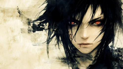 Haunting crimson-eyed antihero in abstract ink storm art.