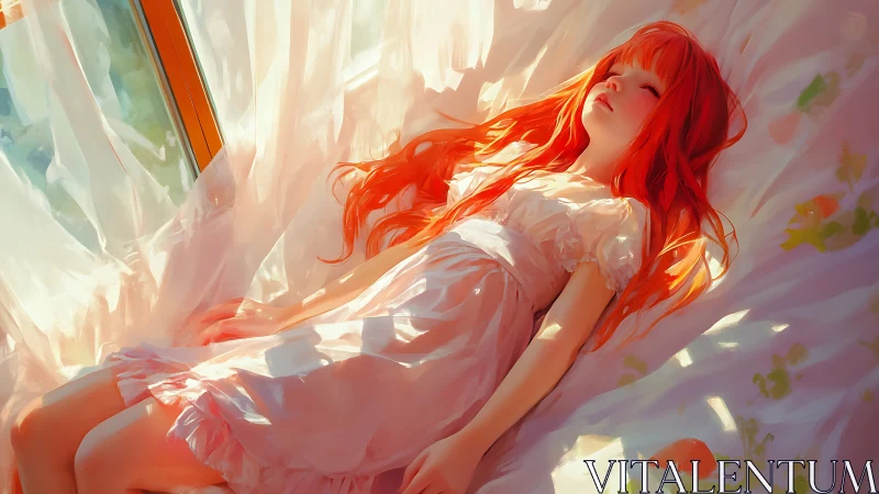 Sunlit chromatic repose of red-haired girl on cotton bed.