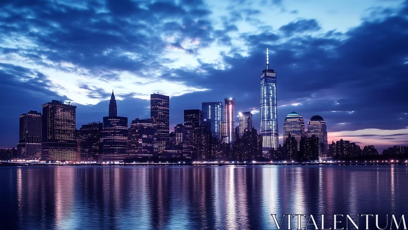 City skyline at dusk with lights mirrored on water.