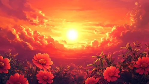 Blazing sunset bathes wildflowers in radiant orange light
