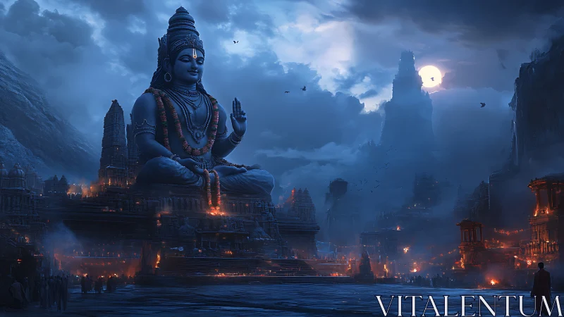 Monumental deity statue in nocturnal mountain temple city.