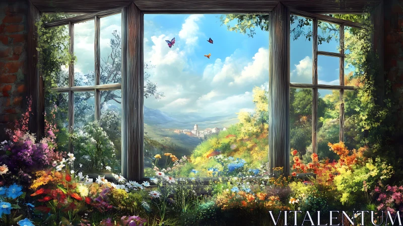 Window view over flower garden to distant village.