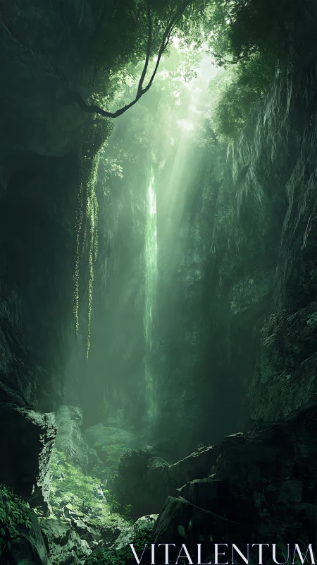 Sunshafts pour into a secret jade canyon of hanging vines