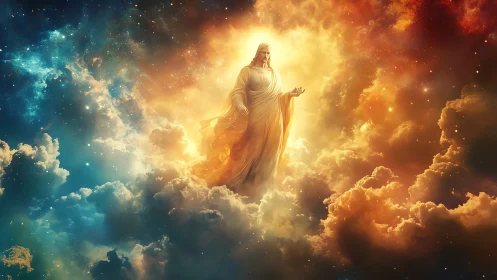 Radiant celestial figure walking through glowing heavens.