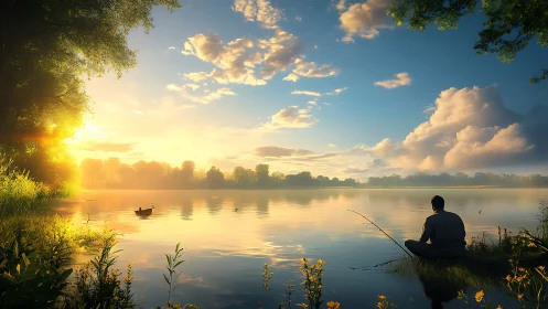 Golden sunrise lake fishing with peaceful morning glow.