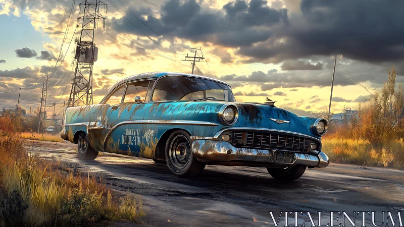Rusty blue classic car on wet rural road at sunset.