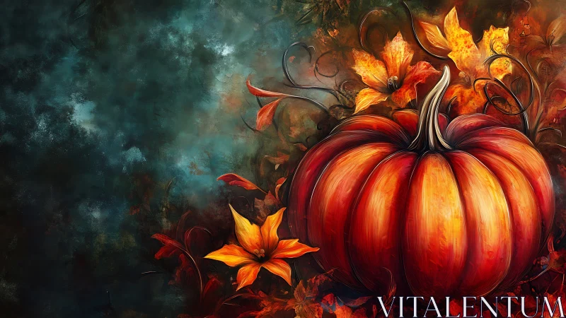 Glowing autumn pumpkin anchors a rich, moody harvest scene