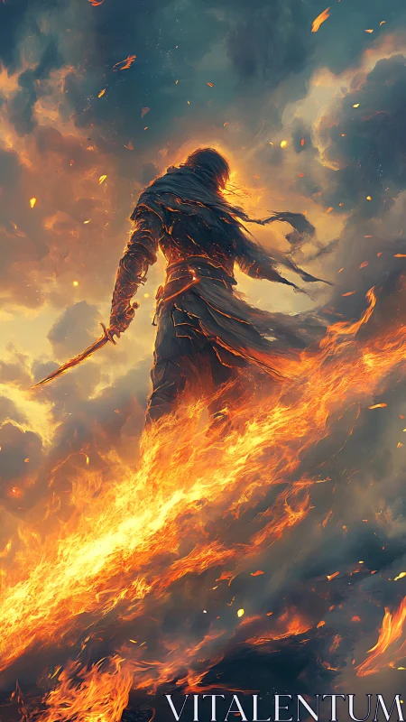 Backlit fire warrior silhouette cuts through storm-lit inferno sky