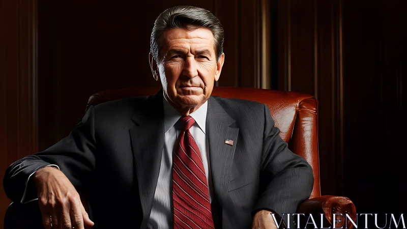 Male subject in suit seated in leather chair, formal portrait.