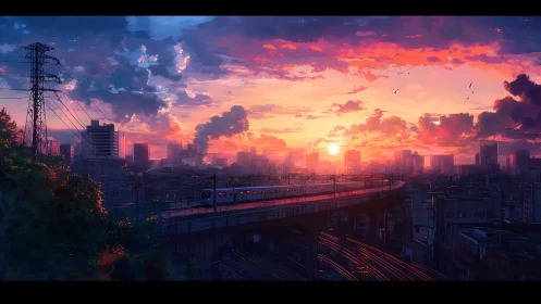Sunset commuter train over dense urban cityscape.