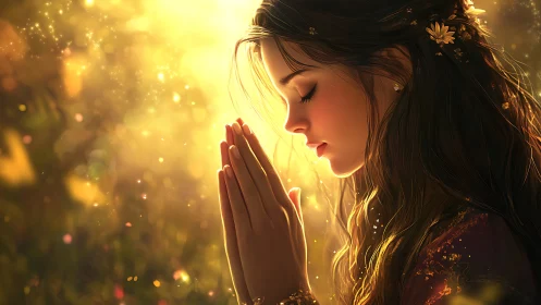 Golden quiet prayer in a sunlit, dreamlike garden glow.