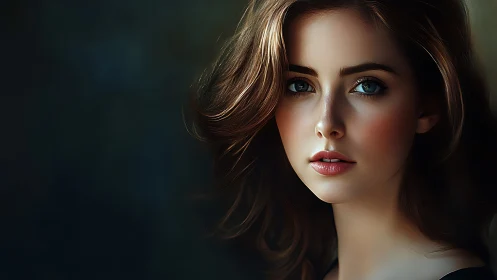 Cinematic portrait highlights luminous eyes and soft skin.