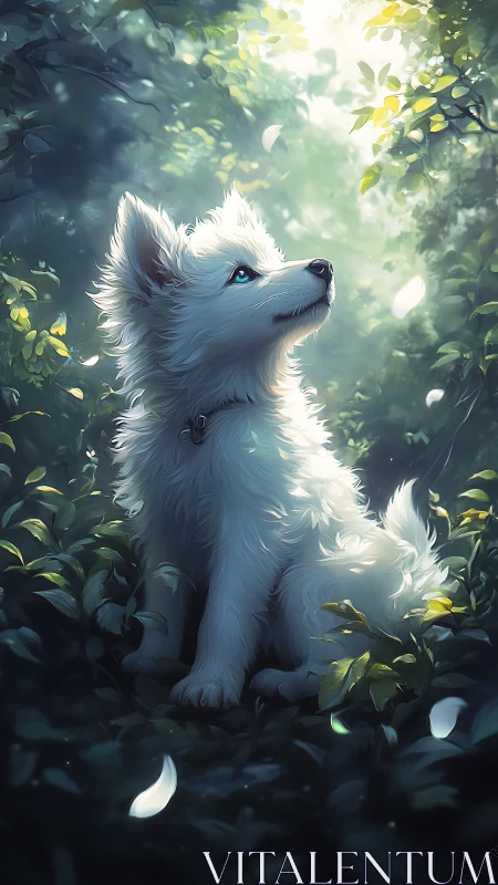 Gentle white puppy basking in soft forest morning light.