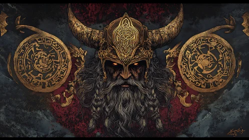 Horned warrior portrait with runic shields and braids.