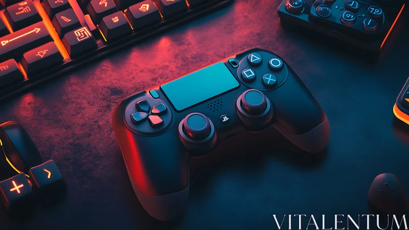 Neon-lit gaming controller rests amid glowing PC gear.