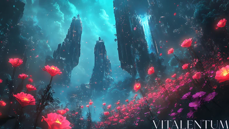 Neon bloom valley beneath forgotten sky towers of light.