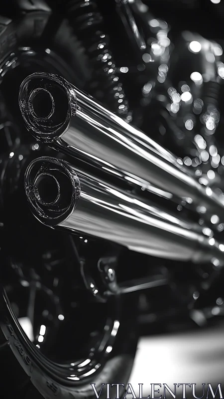 Chrome motorcycle exhaust pipes in close technical focus.