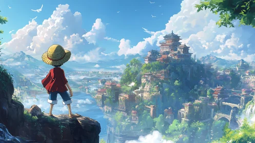 Straw hat figure observing expansive cliffside cityscape.
