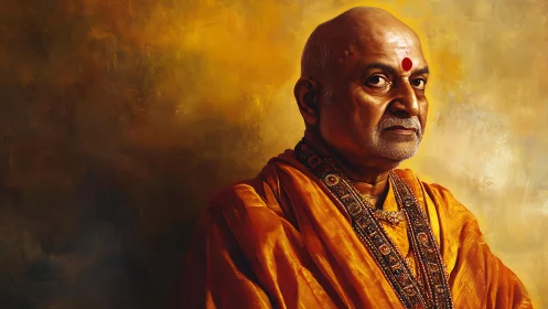 Warmly lit spiritual elder in deep saffron robes.