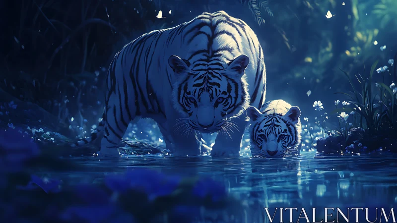 White tigers wade through luminous moonlit jungle pool.