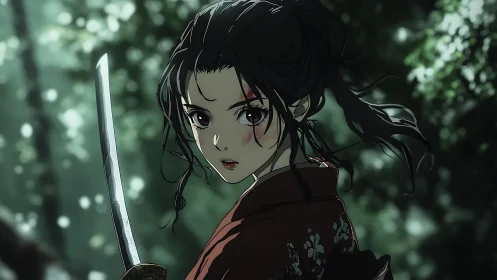 Samurai heroine in dappled forest light, katana drawn poised.