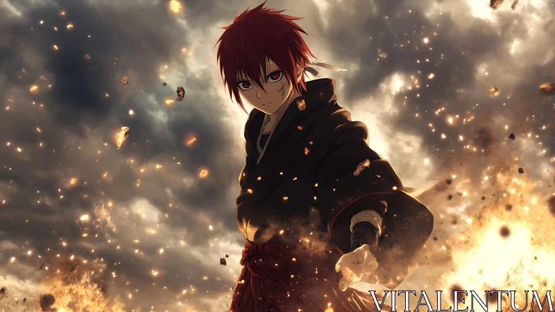 Fiery anime warrior commands explosive embers in storm clouds