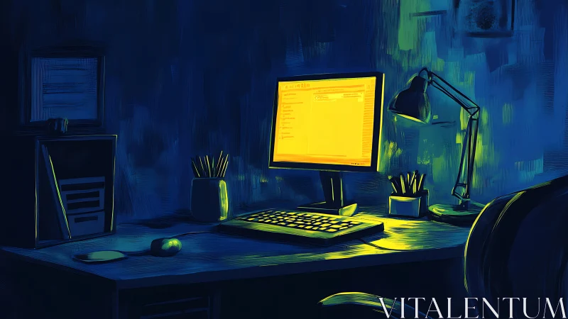Digital desk workstation glows in blue and yellow light
