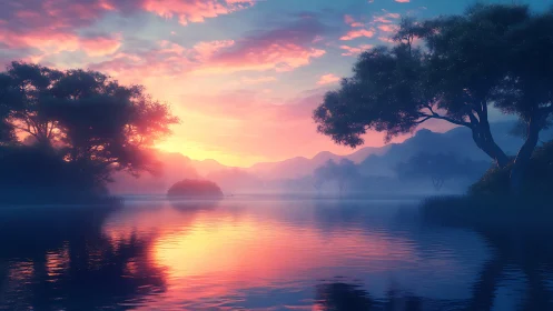 Radiant misty lakeside sunset rendered in hyperreal color depth