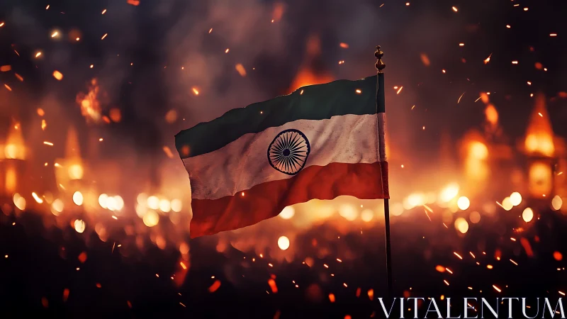 Indian national flag before blurred lights and sparks at night.