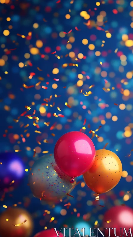 Colorful balloons suspended in deep blue space with confetti trails.
