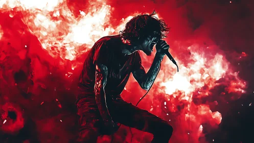 Screaming metal vocalist framed by explosive red smoke