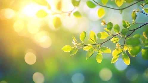Sunlit tree branch with fresh green leaves, soft bokeh background.